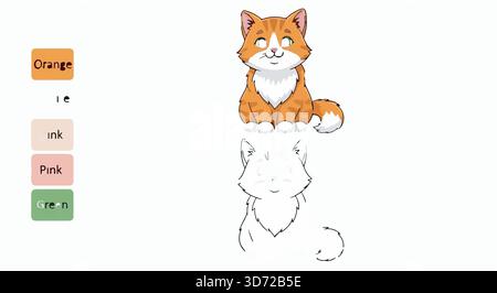 Illustrazione a fumetto di un gatto tabby arancione, colorato e delineato, accanto ai campioni di colore. Carino, amichevole ed educativo. Illustrazione Vettoriale