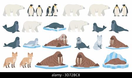 Set di illustrazioni sugli animali artici. Orso polare, pinguino, foca, tricheco, volpe artica. Personaggi animati in stile cartoni animati su banchi di ghiaccio. Illustrazione Vettoriale