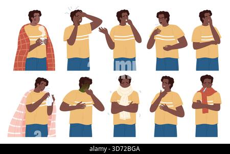 Malessere uomo nero che mostra sintomi influenzali come tosse, febbre, mal di testa, mal di gola, stanchezza, e starnuti in varie posizioni, isolati su sfondo bianco immagine vettoriale Illustrazione Vettoriale
