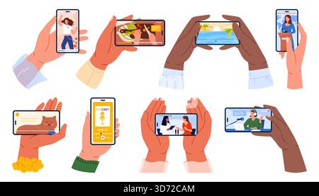Varie mani che tengono in mano gli smartphone che visualizzano podcast, notizie, videochiamate e live streaming, che rappresentano il consumo e la comunicazione dei moderni media digitali, isolata su sfondo bianco Illustrazione Vettoriale