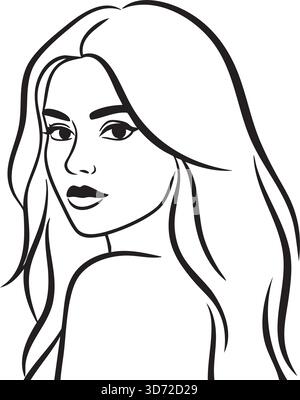 Elegante Ritratto d'arte linea femminile, illustrazione minimalista del volto di donna Illustrazione Vettoriale