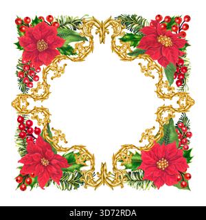 Tessera di Natale con punta rossa, cornice in oro vintage, frutti di bosco. Bouquet di acquerelli botanici ad angolo per l'arredamento della casa, c Foto Stock
