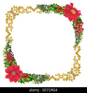 Tessera di Natale con punta rossa, cornice in oro vintage, frutti di bosco. Bouquet di acquerelli botanici ad angolo per l'arredamento della casa, c Foto Stock