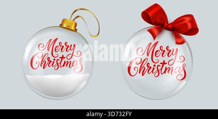Eleganti decorazioni in vetro natalizio con scritta "Merry Christmas". Illustrazione vettoriale Illustrazione Vettoriale