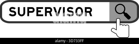 Cerca banner in Word supervisor con icona della lente di ingrandimento a mano su sfondo bianco Illustrazione Vettoriale
