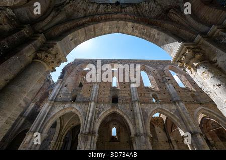 Archi gotici interni e rovine di navate dell'abbazia cistercense di San Galgano, nel XIII secolo, senza tetto, nei pressi di Chiusdino in Toscana. Foto Stock