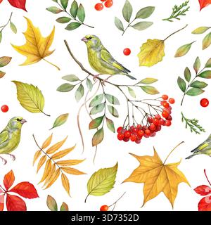 Foglie autunnali, bacche e uccelli verdi acquerello motivo senza cuciture su sfondo bianco. Illustrazione disegnata a mano nella natura autunnale. Ideale per stampe su tessuto, Foto Stock