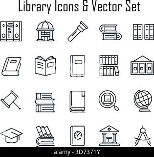 Set icone libreria: Libri, lettura, istruzione, simbolo di studio Illustrazione Vettoriale