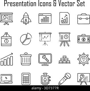 Icone di presentazione e set vettoriale: Azienda, ufficio, analisi, grafici, infografiche, pacchetto illustrazioni aziendali Illustrazione Vettoriale