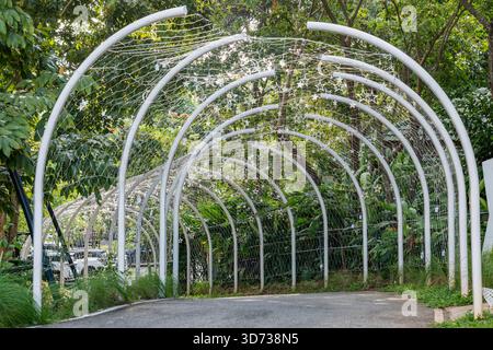 Un tunnel di metallo bianco si trova in un lussureggiante giardino con alberi su entrambi i lati e la luce soffusa filtra attraverso la cornice curva e le luci sospese. Foto Stock