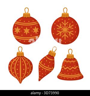 Illustrazione del set di ornamenti natalizi e di Capodanno rosso e oro Illustrazione Vettoriale