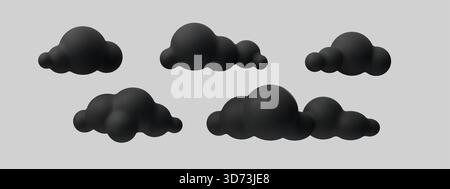 Nuvole 3D scure in morbido stile cartoni animati. Forme nere soffici con ombreggiature omogenee e volume realistico. Cloud, 3d, nero, nuvola ripetuta due volte per migliorare Illustrazione Vettoriale