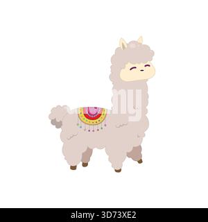 Adorabile e soffice cartone animato di alpaca con colorata coperta tradizionale peruviana. Perfetto per progetti per bambini, progetti culturali, adesivi e simpatici illu di animali Illustrazione Vettoriale