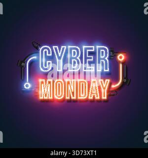 Insegna al neon del Cyber Monday. Illustrazione al neon brillante su sfondo scuro. Illustrazione Vettoriale