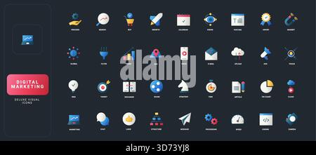 Set di icone di stile gradiente flat con marketing, analisi, comunicazione, contenuti, cloud, ed elementi dei processi aziendali su un'illustrazione vettoriale di sfondo dell'interfaccia utente scura. Illustrazione Vettoriale