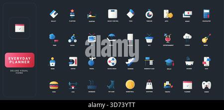 Icone di stile gradiente piatto con pianificazione quotidiana, produttività, stile di vita, lavoro, fitness, elementi di svago e organizzazione su sfondo scuro dell'interfaccia utente. Illustrazione Vettoriale