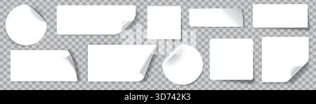 Adesivi bianchi. Adesivo bianco con angoli piegati o arricciati. Note adesive realistiche di carta in varie forme mockup vettoriale come cerchio, rettangolo Illustrazione Vettoriale