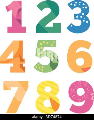 Una serie di numeri colorati da 1 a 9. I numeri sono disposti in fila e sono di colori diversi Illustrazione Vettoriale