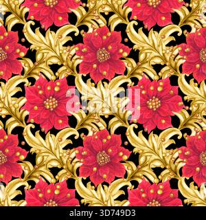 Vignette Golden vintage con motivo senza cuciture isolate su sfondo nero. Bordo ad acquerello per decorazioni natalizie e matrimoni, inviti, saluto Foto Stock