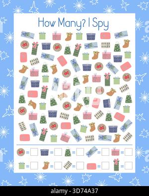 I spy, quanti regali di Natale contano gioco educativo per bambini con elementi invernali, puzzle educativo con illustrazione vettoriale, foglio di lavoro stampabile f Illustrazione Vettoriale
