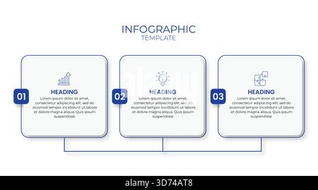 Moderno modello infografico in tre fasi con icone di linea viola e disposizione quadrata minimale. Ideale per presentazioni aziendali, flussi di lavoro, dati e report Illustrazione Vettoriale