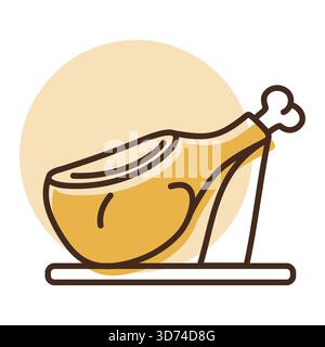 Immagine minimalista con linee piatte che raffigura un'intera gamba di jamon su un piedistallo. Ideale per piatti spagnoli, specialità gastronomiche, carne e ristoranti gourmet. Illustrazione Vettoriale