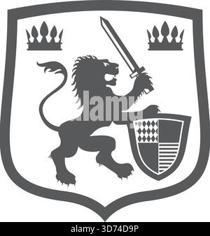 Un'immagine in bianco e nero di un leone con una spada. Il leone è circondato da tre corone Illustrazione Vettoriale