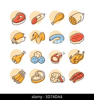 Collezione di 16 icone d'arte minimaliste con linee piatte che mostrano tagli di carne cruda, pollame, salsicce e prodotti a base di carne preparati. Perfetto per i menu del ristorante o. Illustrazione Vettoriale