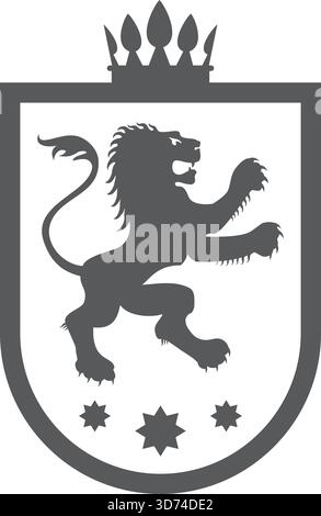 Un'immagine in bianco e nero di un leone con una corona sulla testa. Il leone è in piedi su uno scudo con tre stelle e una corona Illustrazione Vettoriale