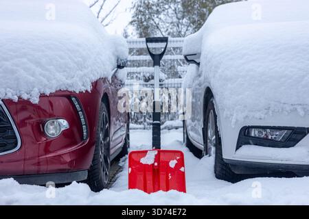 Inverno. Eliminare la neve da un'auto. Una pala rossa bloccata nella neve tra due auto sepolte. Condizioni stradali scadenti. Foto Stock