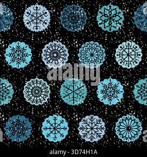 Design invernale senza cuciture con ornamenti a fiocco di neve in forme rotonde smerlate di colore blu Illustrazione Vettoriale