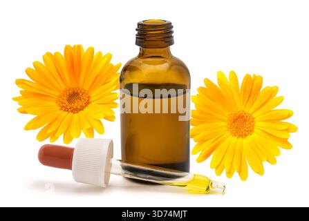 Fiori di Marigold con bottiglia di essenza isolata su bianco Foto Stock