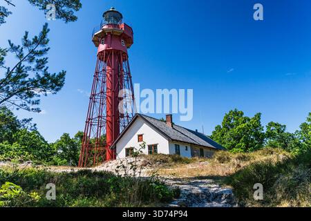 Faro di metallo rosso e casa del custode su un'aspra scogliera danese sopra dune e oceano, luminoso cielo estivo, classico punto di riferimento della costa che guida navi e. Foto Stock