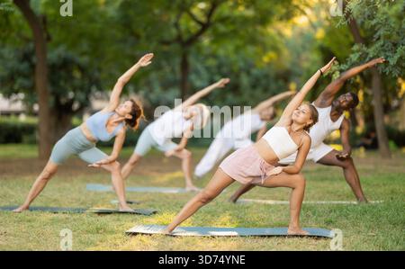 Persone di età e nazionalità diverse praticano varie pose yoga nel giardino estivo Foto Stock