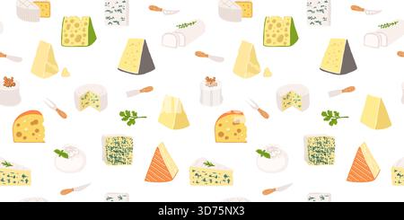 Illustrazione a cartoni animati con motivo senza cuciture di formaggio. Brie, formaggio svizzero Camembert con buchi Parmigiano sfondo alla moda senza confini. Stampa su carta con design vettoriale senza fine, tessuto, modello di sfondo con involucro Illustrazione Vettoriale