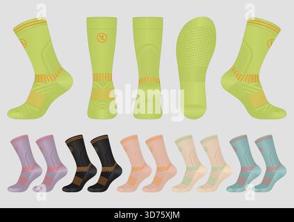 Tech Pack Professional Sports Socks - specifiche del prodotto e viste del design Illustrazione Vettoriale