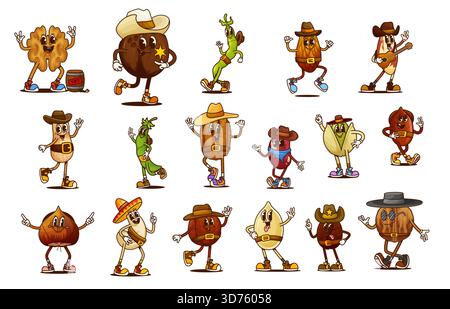 Cartoni animati, cowboy di fagioli o personaggi banditi nei cappelli del selvaggio West. Personaggi di vettoriale di cibo hippy psichedelico retrò di arachidi occidentali, mandorle, nocciole e noci, sceriffo di cocco Illustrazione Vettoriale