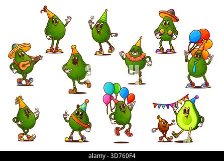 Personaggi di avocado messicani cartoni animati alla festa, personaggi di vettoriali di cibo vegetale psichedelico retrò. Avocado verde e funky che danzano, suonano chitarra e maracas con cappelli da festa e palloncini Illustrazione Vettoriale