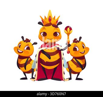 Cartoni animati simpatici personaggi di api mellifere, regina o re, personaggi vettoriali. Divertente ape di miele nel mantello reale del capo con corone e apicoltori, fiaba e mascotte bumblebee per bambini Illustrazione Vettoriale