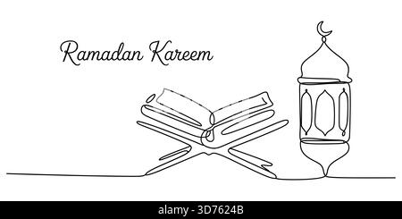 Ramadan kareem continua arte in linea, Sacro corano e disegno di lanterne ornate Illustrazione Vettoriale