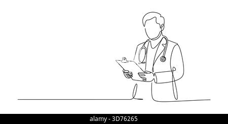 Disegno in linea continua di un medico che tiene gli appunti e indossa lo stetoscopio Illustrazione Vettoriale