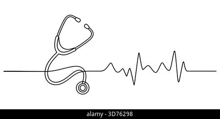 Disegno minimalista della linea continua di uno stetoscopio e dell'onda del polso del battito cardiaco Illustrazione Vettoriale