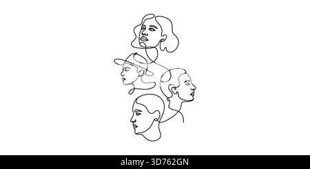 Disegno minimalista su una linea di diversi volti umani, comunità e connessione Illustrazione Vettoriale