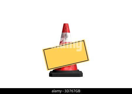 Cono segnaletico rosso e bianco con segno giallo vuoto su sfondo bianco, perfetto per la personalizzazione con il tuo messaggio personale. Rendering 3D. Foto Stock