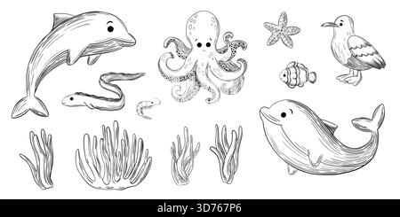 Una deliziosa collezione vettoriale disegnata a mano con delfini, un polpo, stelle marine, pesci pagliaccio, un'anguilla, un gabbiano e piante di corallo. Perfetto per la colorina Illustrazione Vettoriale