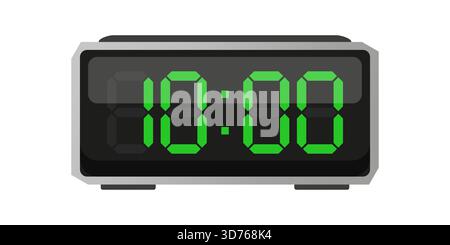 Sveglia digitale. Viene visualizzato il numero dieci. Ora 10 00. Vettore numeri verdi. Display elettronico a LED. Illustrazione Vettoriale