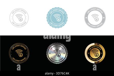 Logo certificato a bassa latenza. Icona, timbro, distintivo, sigillo e vettore del simbolo Illustrazione Vettoriale