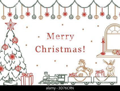 Biglietto di Natale con un abete, un treno, un cavallo, una ghirlanda, un coniglio, un regalo. Illustrazione grafica a linee pastello vettoriali disegnata a mano. Adatto per l'anno nuovo Illustrazione Vettoriale