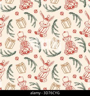 Motivo natalizio senza cuciture con orso, regalo, ramo di abete e coniglio. Illustrazione grafica a linee pastello vettoriali disegnata a mano per confezioni di Capodanno, tessuti Illustrazione Vettoriale
