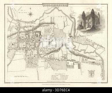 Antica pianta cittadina di Colchester di George Cole e John Roper. Essex 1810 Foto Stock